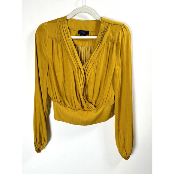 Rachel Zoe Gold Regency Old Money Rich Royal Wrap Front Pleated Crop Blouse XS - Picture 1 of 6